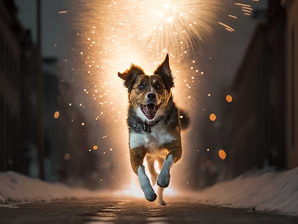 Have a Calm Dog During Fireworks: Easy Steps You Can Take - Photo: Dog running down street away from fireworks.