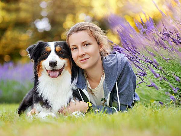 Does Your Lawn Need a Dog Urine Grass Saver? How to Save Your Lawn - Photo: Woman laying on lawn with her Australian Shepherd.