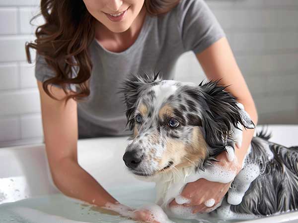 Why Choosing the Right Shampoo for Dogs Is So Important - Photo: Young lady shampooing her Australian Shepherd.