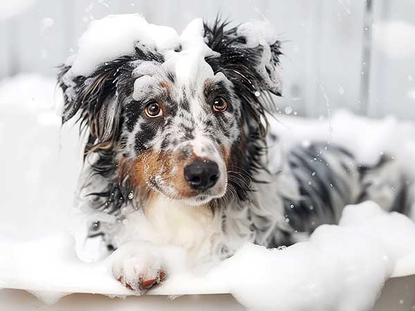 Why Choosing the Right Shampoo for Dogs Is So Important - Photo: Australian Shepherd in tub covered in dog shampoo suds.