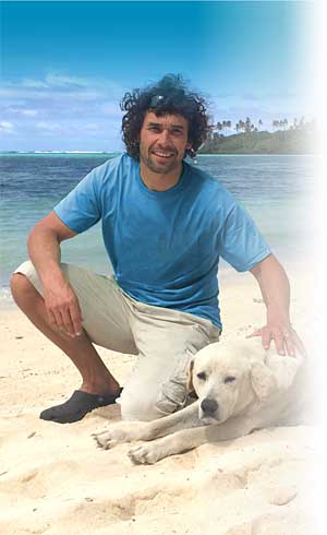 Doggy Dan with dog at the beach.